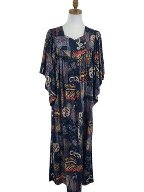 Vintage 70s 80s Go Softly Women's Navy Blue Geometric Long Caftan size Medium